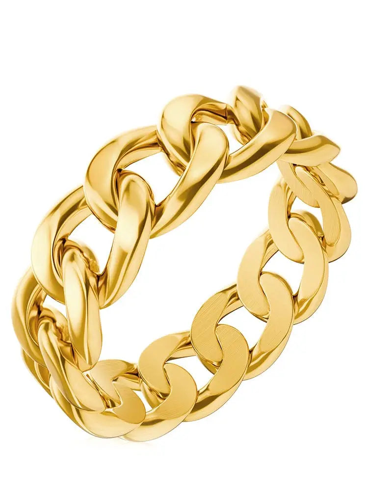 18k gold plated Cuban link ring in 316l stainless steel with a gold-colored thick curb chain bracelet and polished finish