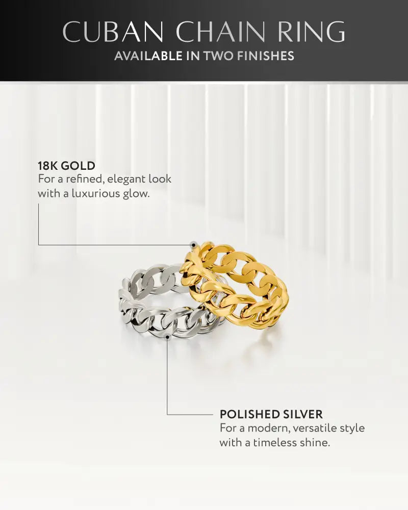 18k gold plated cuban link ring in 316l stainless steel with interlocking links and a polished silver or gold shine