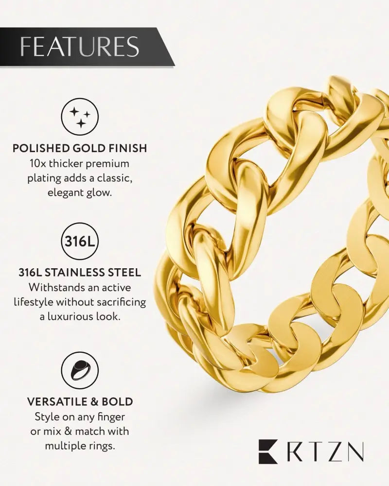 18k gold plated cuban link ring in 316l stainless steel with wide links and a polished luxurious finish