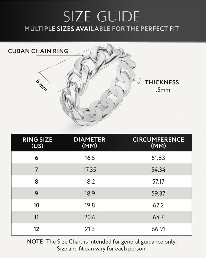 Polished silver Cuban link stainless steel ring with 6mm width 1.5mm thickness and bold chunky interlocking links