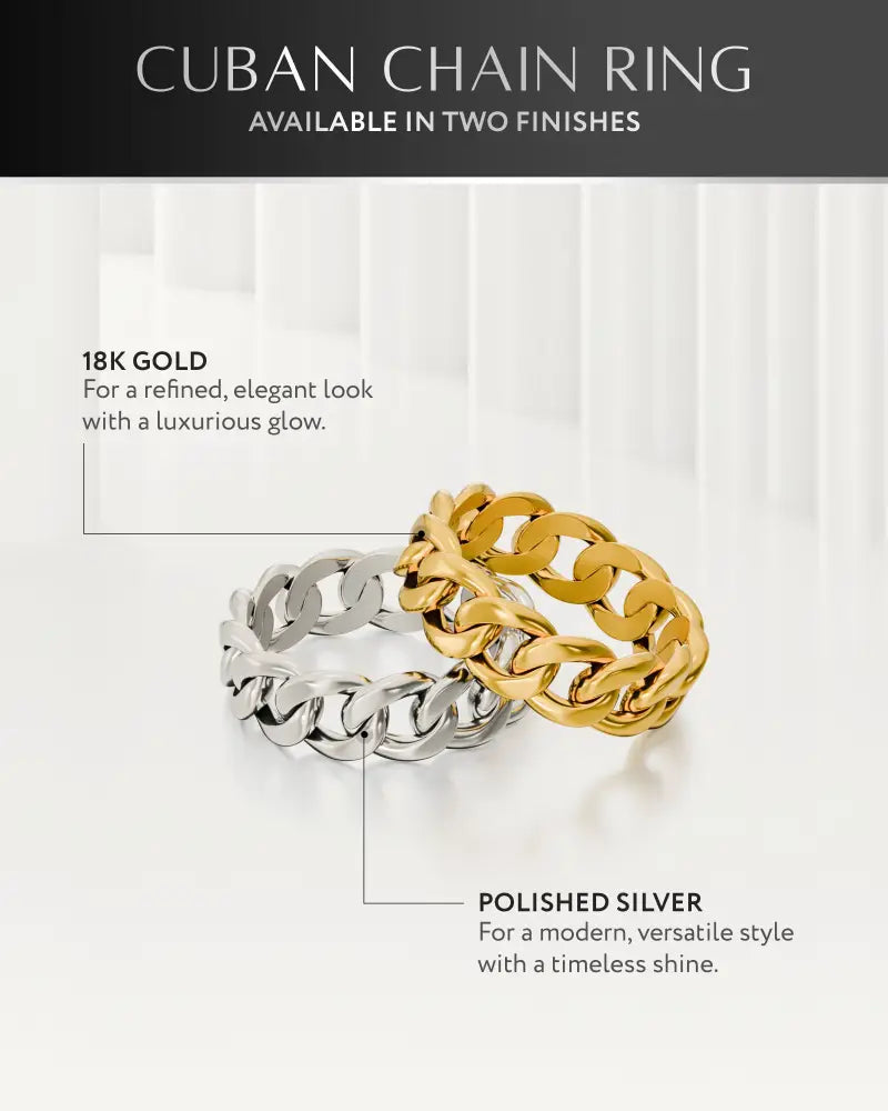A polished silver cuban link stainless steel ring with a sleek interlocking design and timeless shine