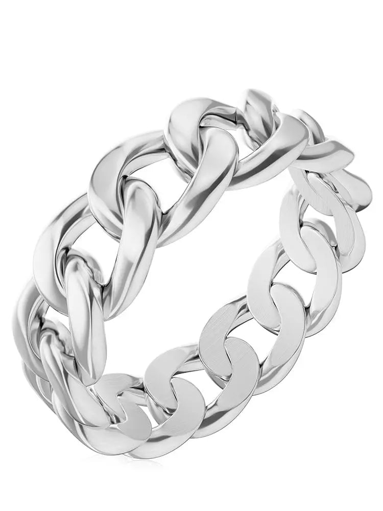 Silver-toned polished silver Cuban link stainless steel ring with a thick curb chain bracelet design