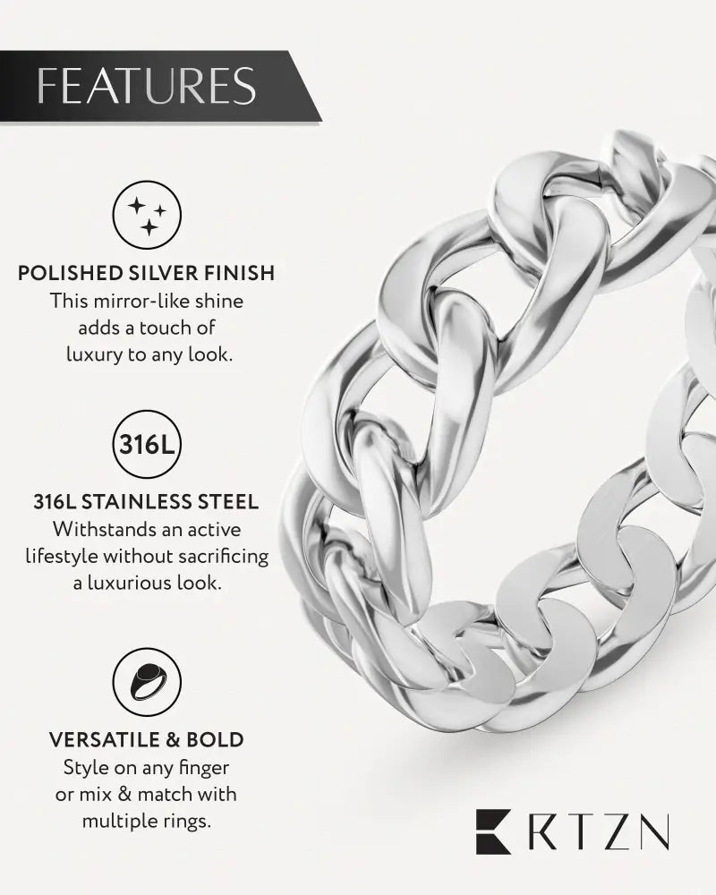 A polished silver Cuban link stainless steel ring featuring a sleek 316l chain with bold interlocking links