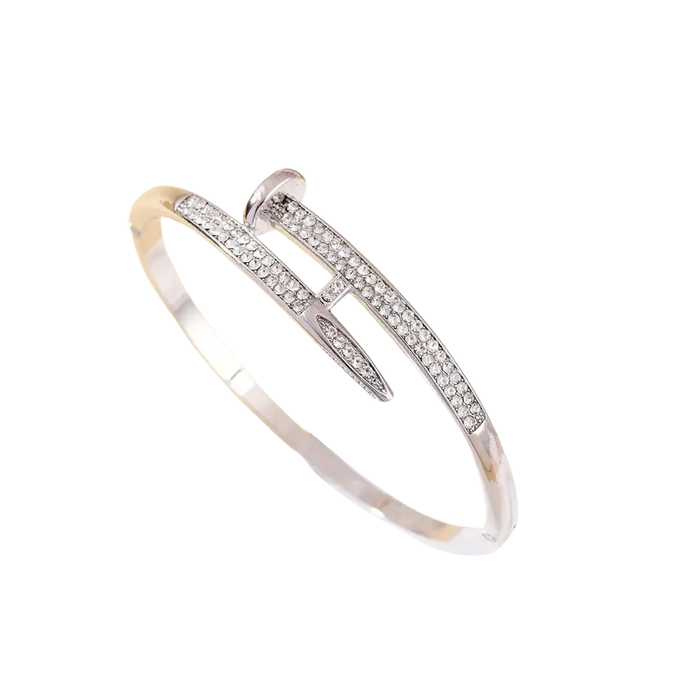 Silver-toned cubic zirconia intersecting bangle bracelet with two interlocking bands adorned with clear crystals