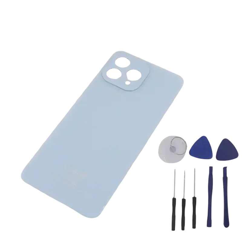 Light blue matte cubot p80 battery cover back housing with triple-camera cutout and precision tools for replacement