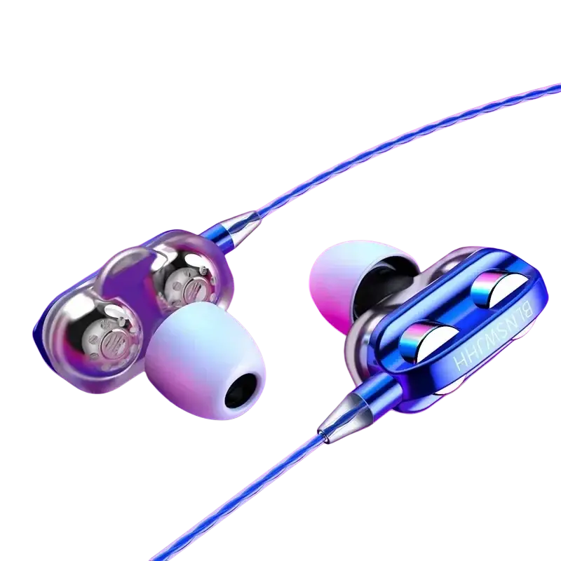 Cuffie cablate in-ear con microfono bass stereo blu e argento con design metallico e auricolari in silicone bianco