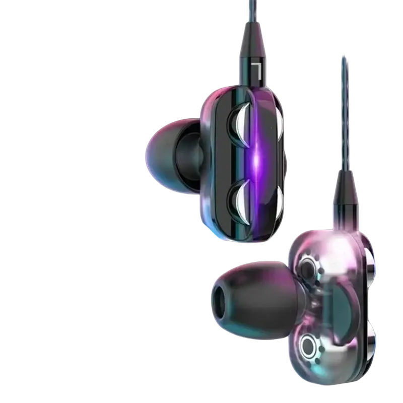 Cuffie cablate in-ear headphones with sleek metallic finish and vibrant purple led lighting accents with microphone and bass stereo
