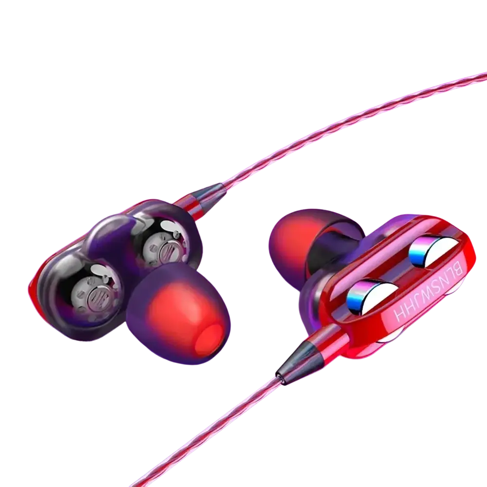 Red and black cuffie cablate in-ear earbuds with transparent housing silver accents and 3.5mm aux cable with microphone