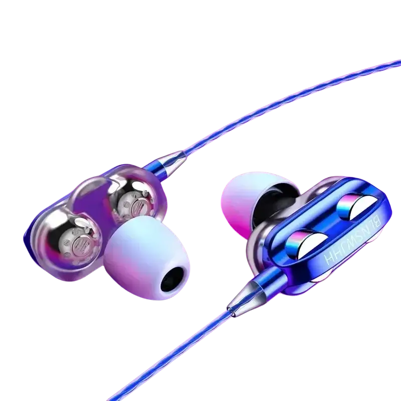 Iridescent blue and purple cuffie cablate ear dual driver headphones with metallic accents and soft silicone ear tips