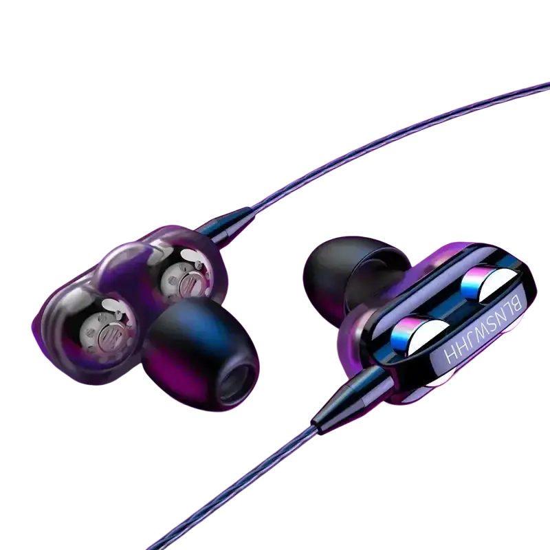 Purple and black cuffie cablate in ear dual driver earbuds with sleek glossy finish and built in microphone