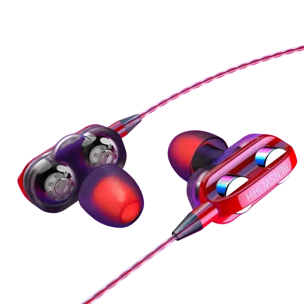 Vibrant red and purple cuffie cablate in ear dual driver headphones with sleek glossy finish and microphone control buttons