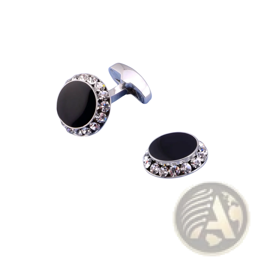Elegant black and silver cufflinks with central black oval stone and clear rhinestones in luxury tuxedo wedding set