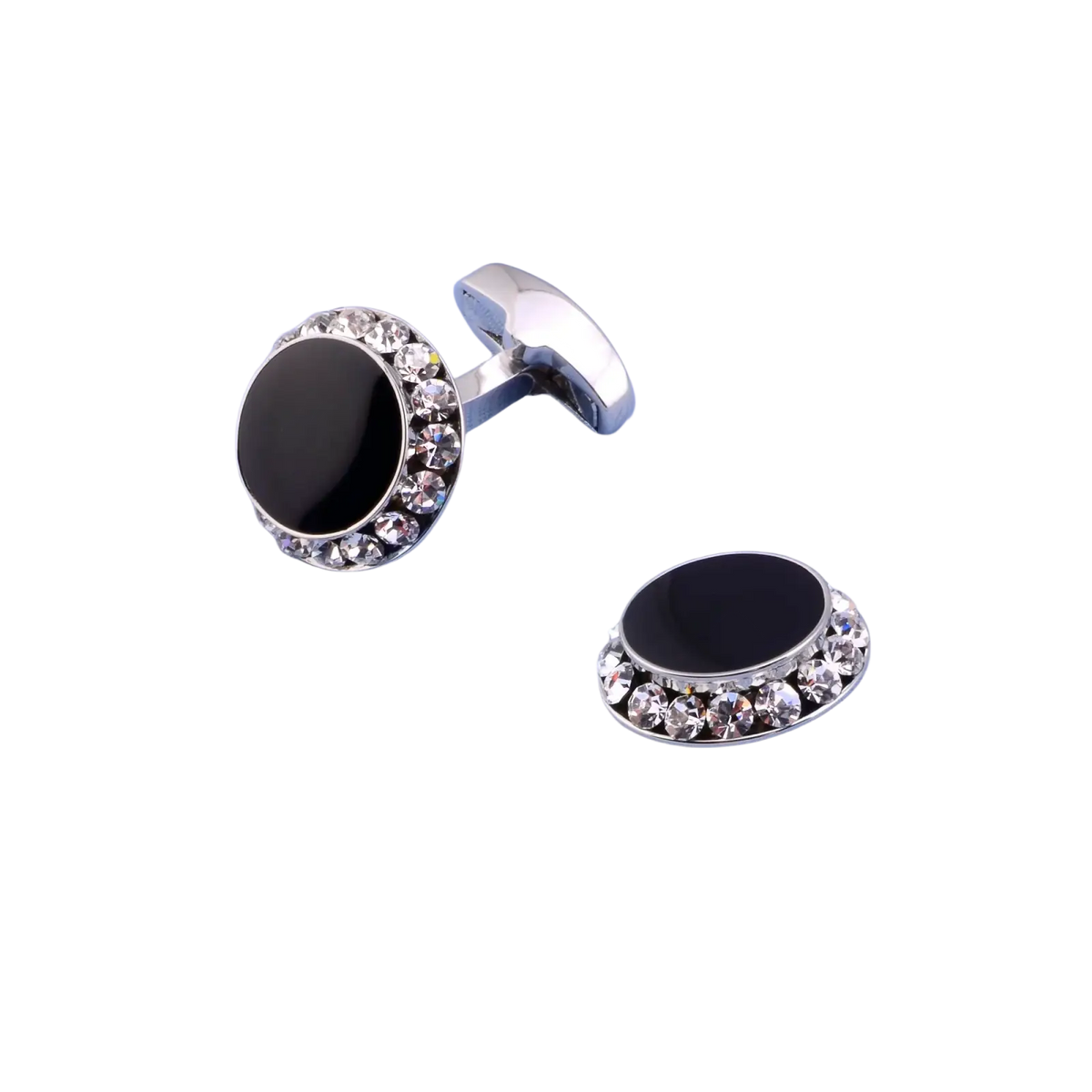 Elegant black and silver cufflinks with central black oval stone and clear rhinestones in luxury tuxedo wedding set