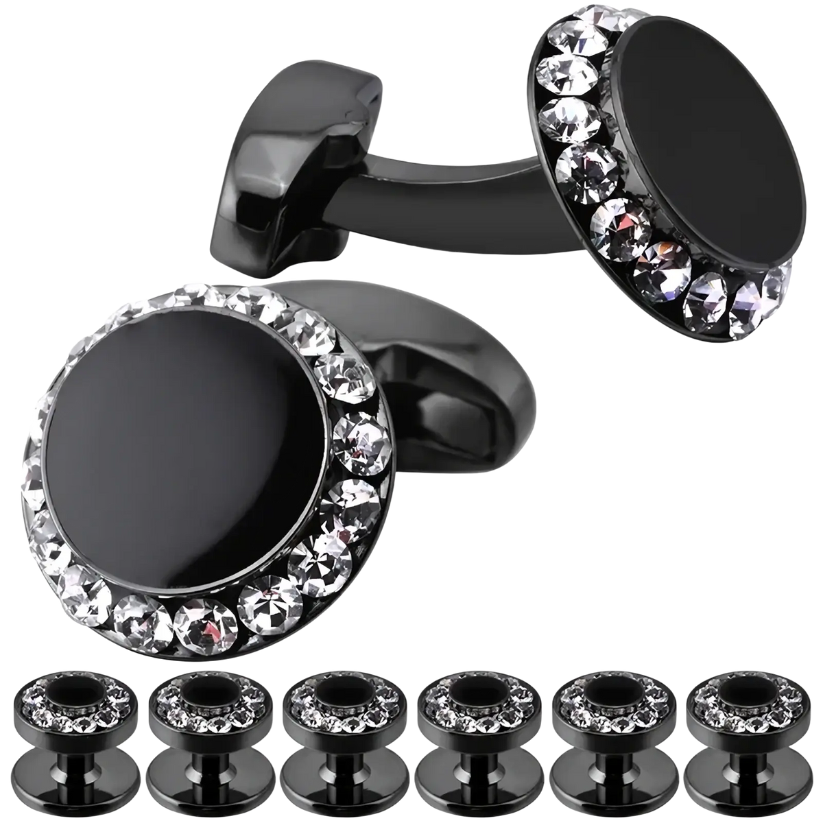 Black cufflinks with glossy finish and circular design encircled by clear crystals for tuxedo wedding luxury set