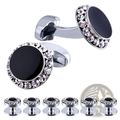 Silver cufflinks with black circular centers and clear crystal halos for luxury tuxedo wedding set