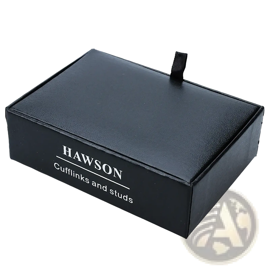 Black leather box with hawson cufflinks and studs printed in white for luxury black crystal tuxedo wedding set