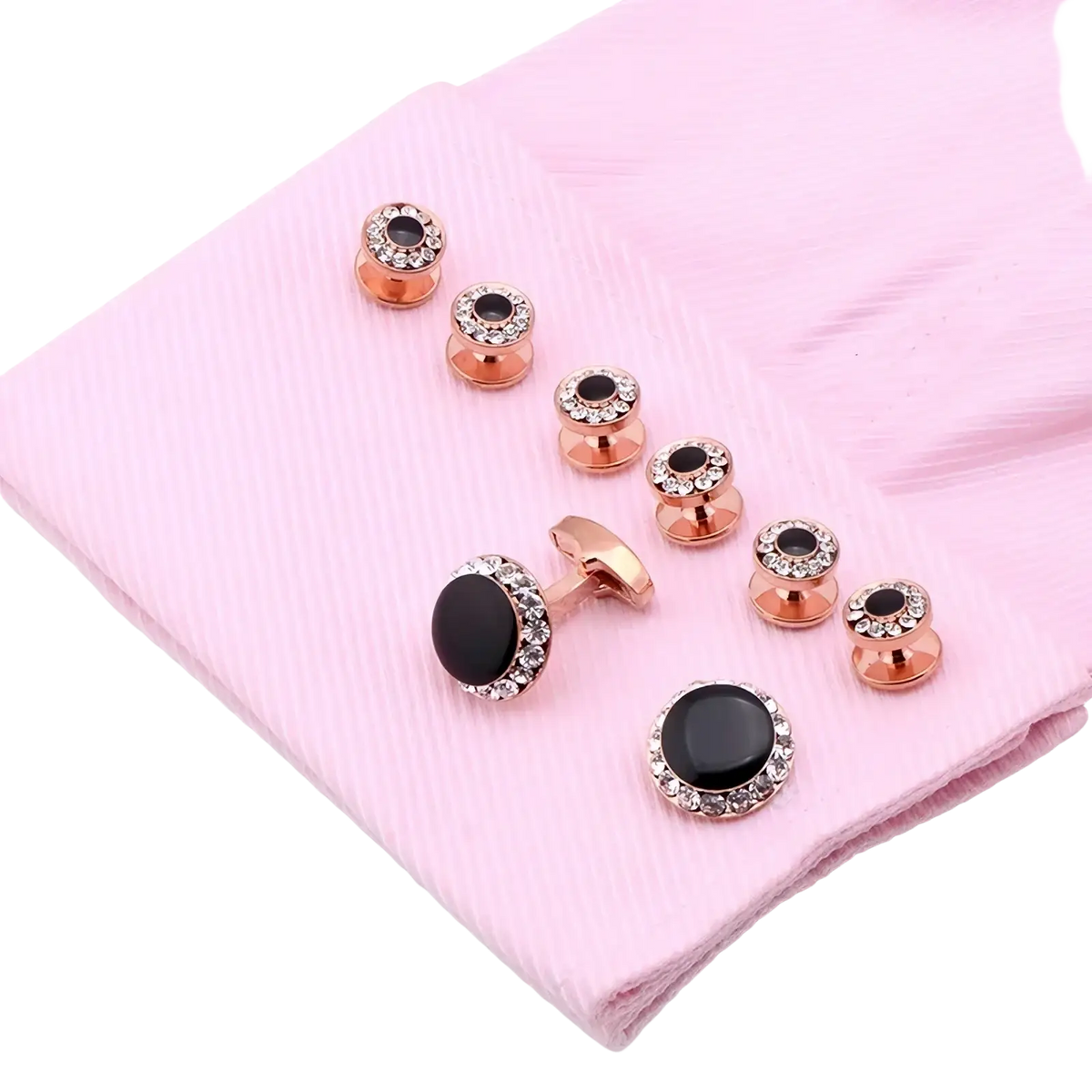 Rose gold cufflinks with black onyx centers and sparkling crystal accents for luxury tuxedo wedding set