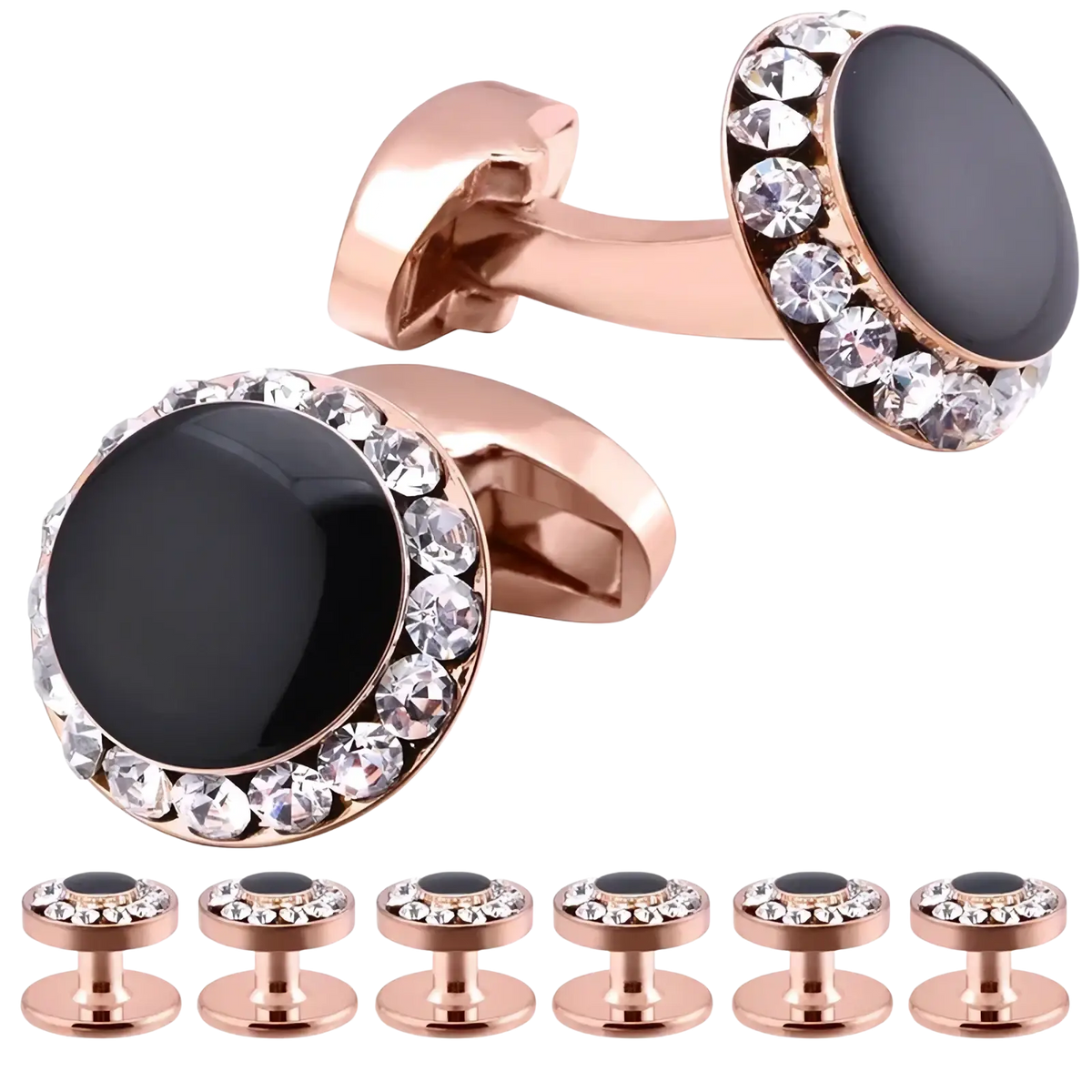 Rose gold cufflinks with black onyx centers and clear crystal halos in a luxury tuxedo wedding set