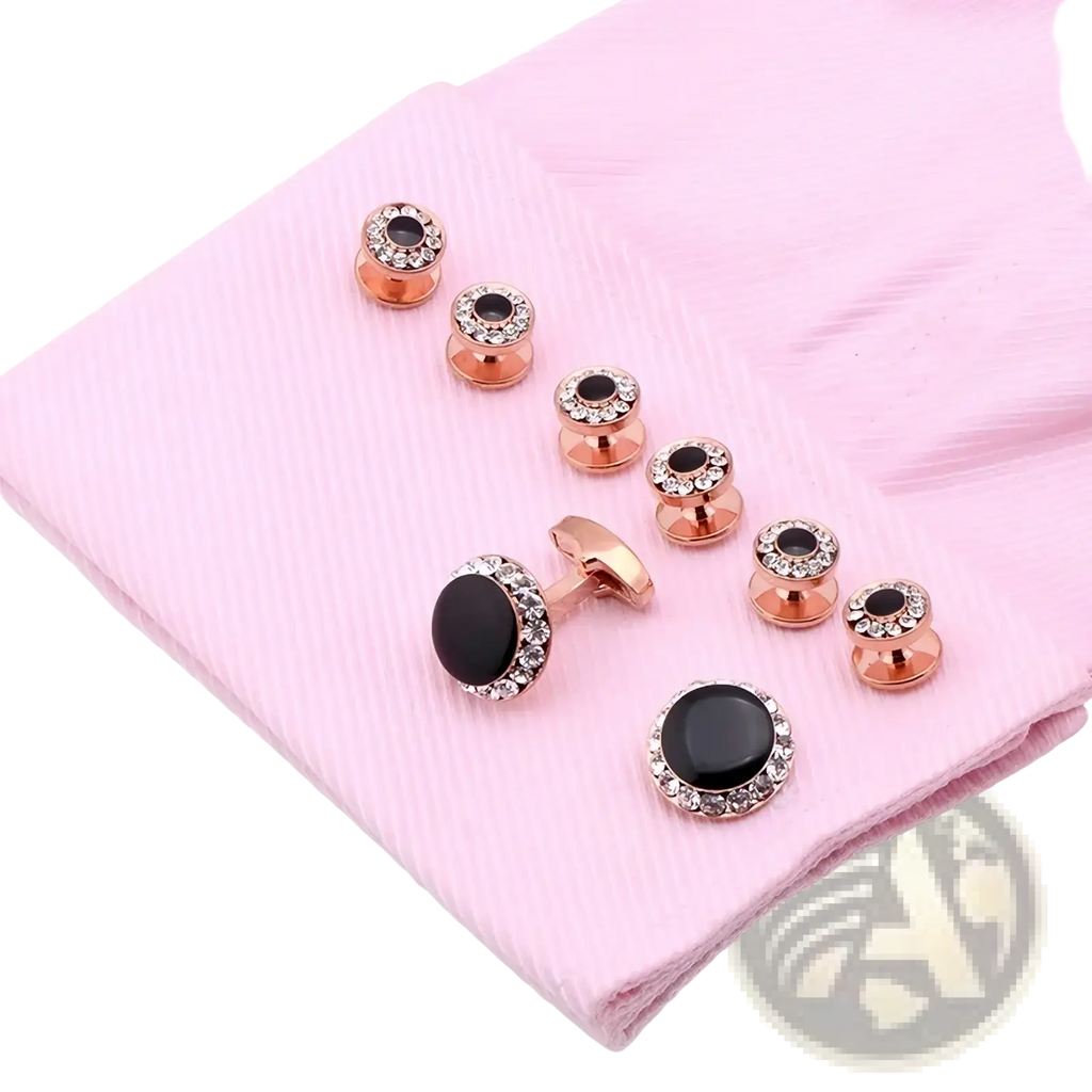 Rose gold cufflinks with black onyx centers and sparkling crystal accents for luxury tuxedo wedding set