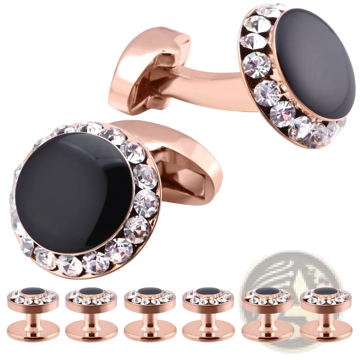 Rose gold cufflinks with black onyx centers and clear crystal accents from luxury black crystal tuxedo wedding set