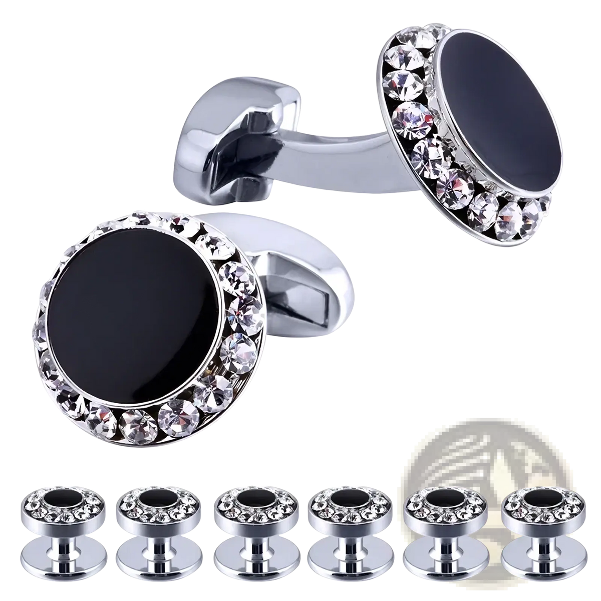 Silver cufflinks with black circular centers and clear crystal halo from luxury black crystal tuxedo wedding set
