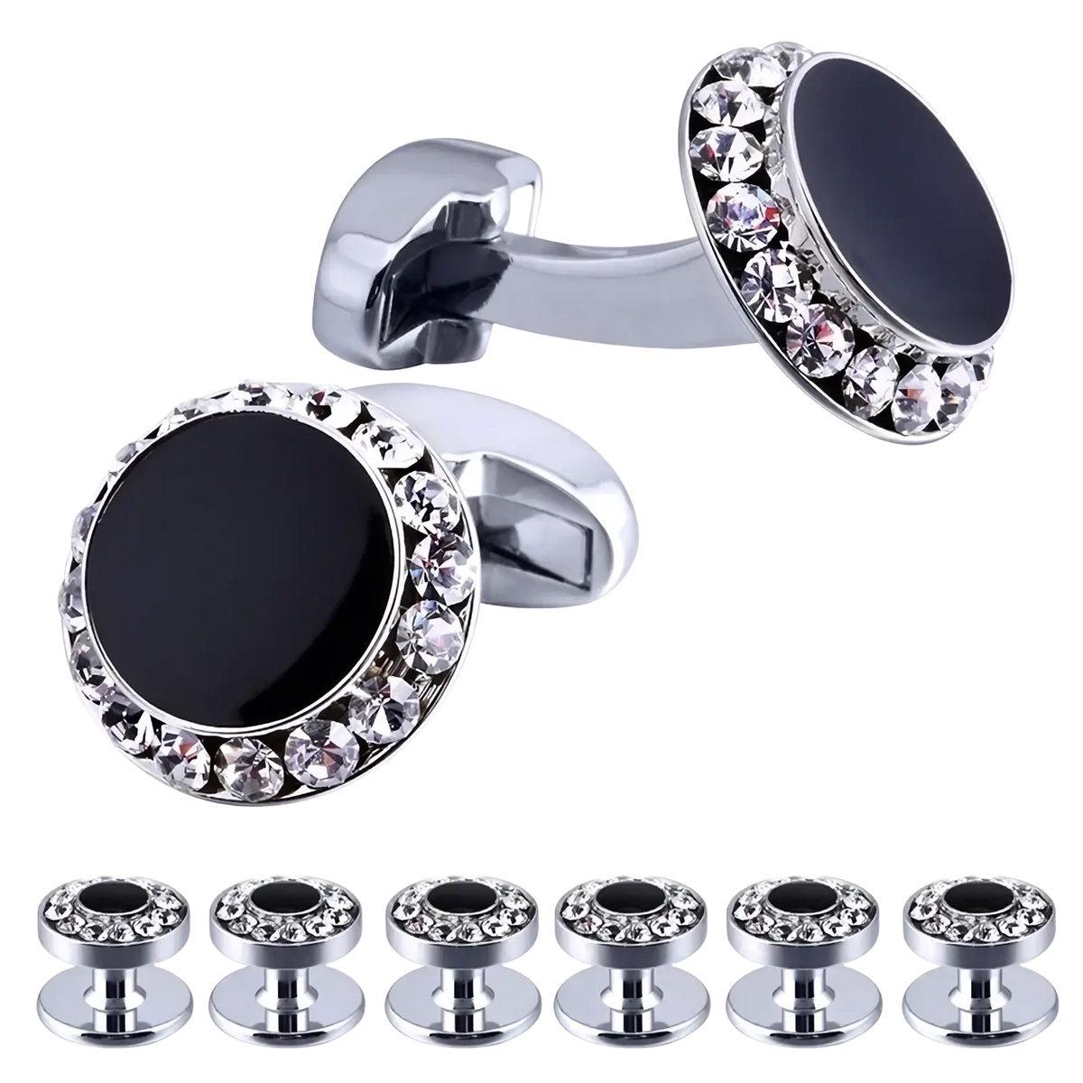 Silver cufflinks with black circular centers and clear crystal halos for luxury tuxedo wedding set