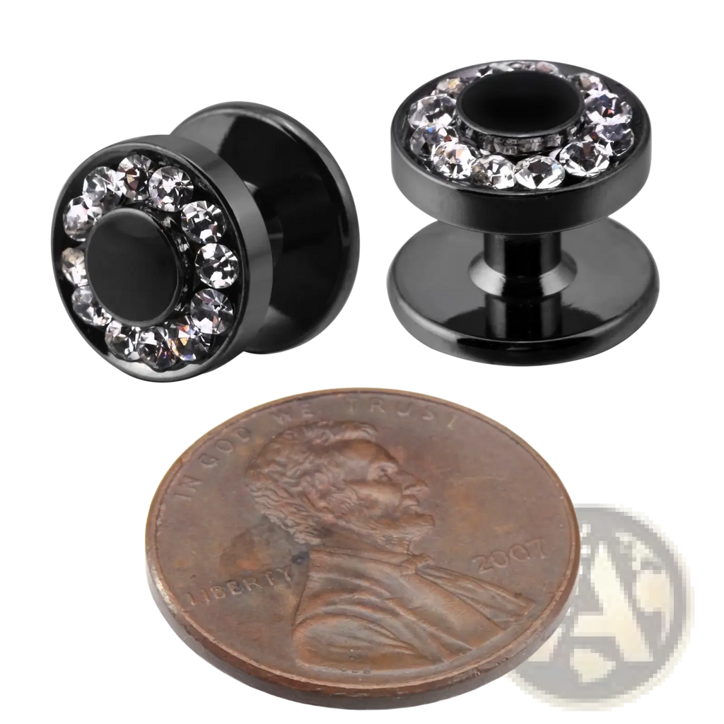 Black titanium stud earrings with central black disc and clear rhinestones from luxury black crystal tuxedo wedding set