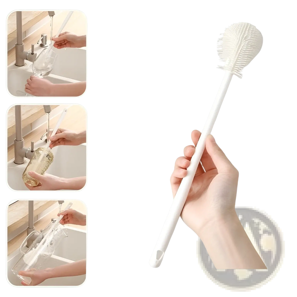 A long, pearl white bottle brush with a slender handle and dense bristles for cleaning glassware