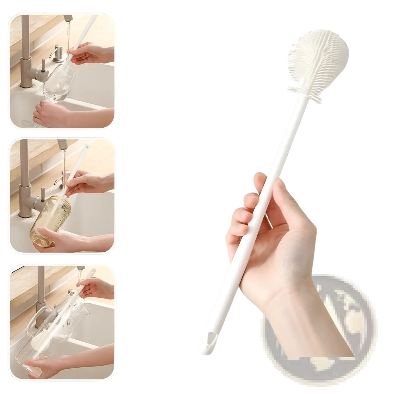 A long, pearl white bottle brush with a slender handle and dense bristles for cleaning glassware