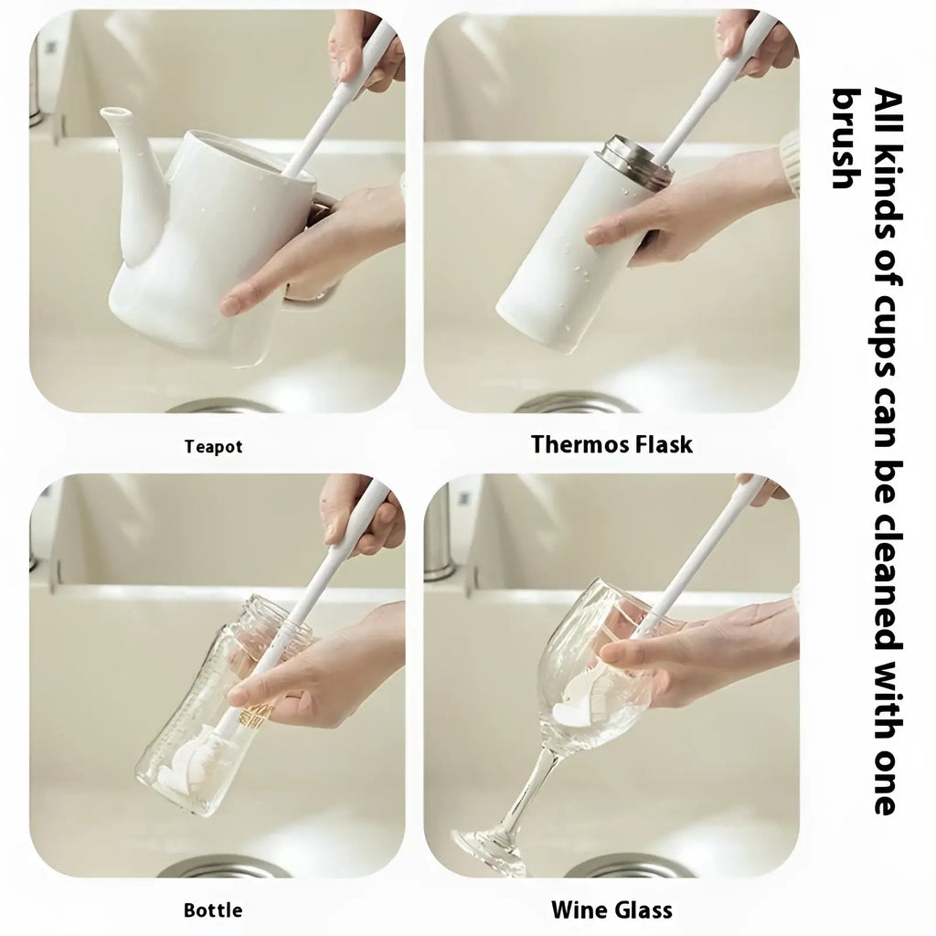 White long-handled cup brush with soft bristle head for cleaning glassware and ceramic items