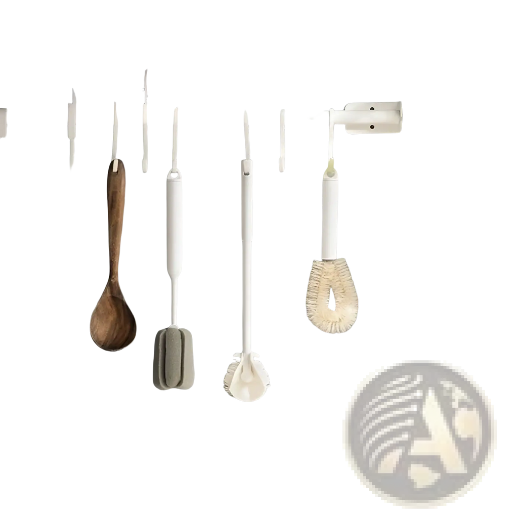 White plastic wall-mounted hanging storage rack with hooks for bathroom cleaning tools including cup brush long handle