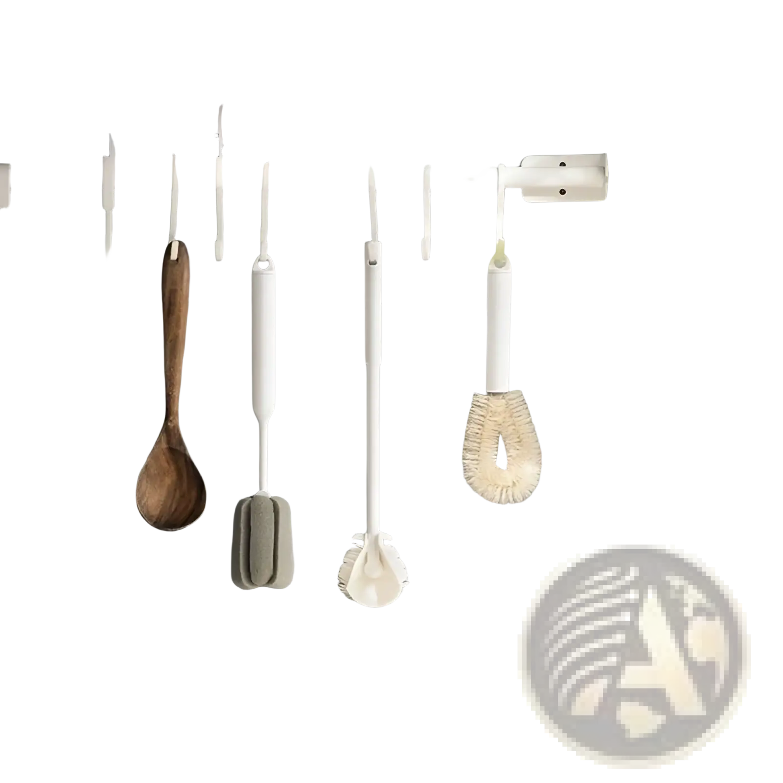 White plastic wall-mounted hanging storage rack with hooks for bathroom cleaning tools including cup brush long handle