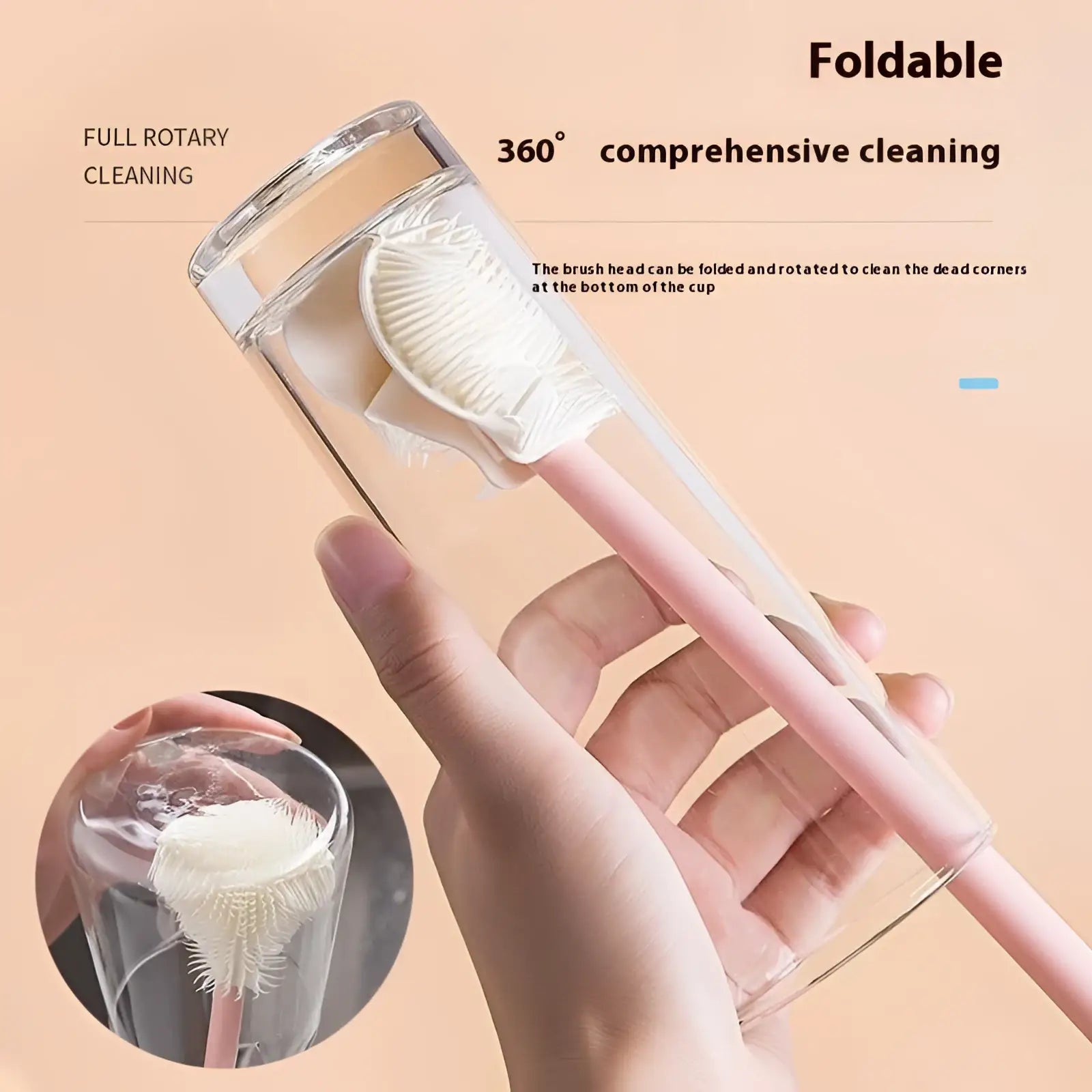 Cup brush long handle glassware cleaning tool with pink foldable handle and white bristle head in clear plastic packaging