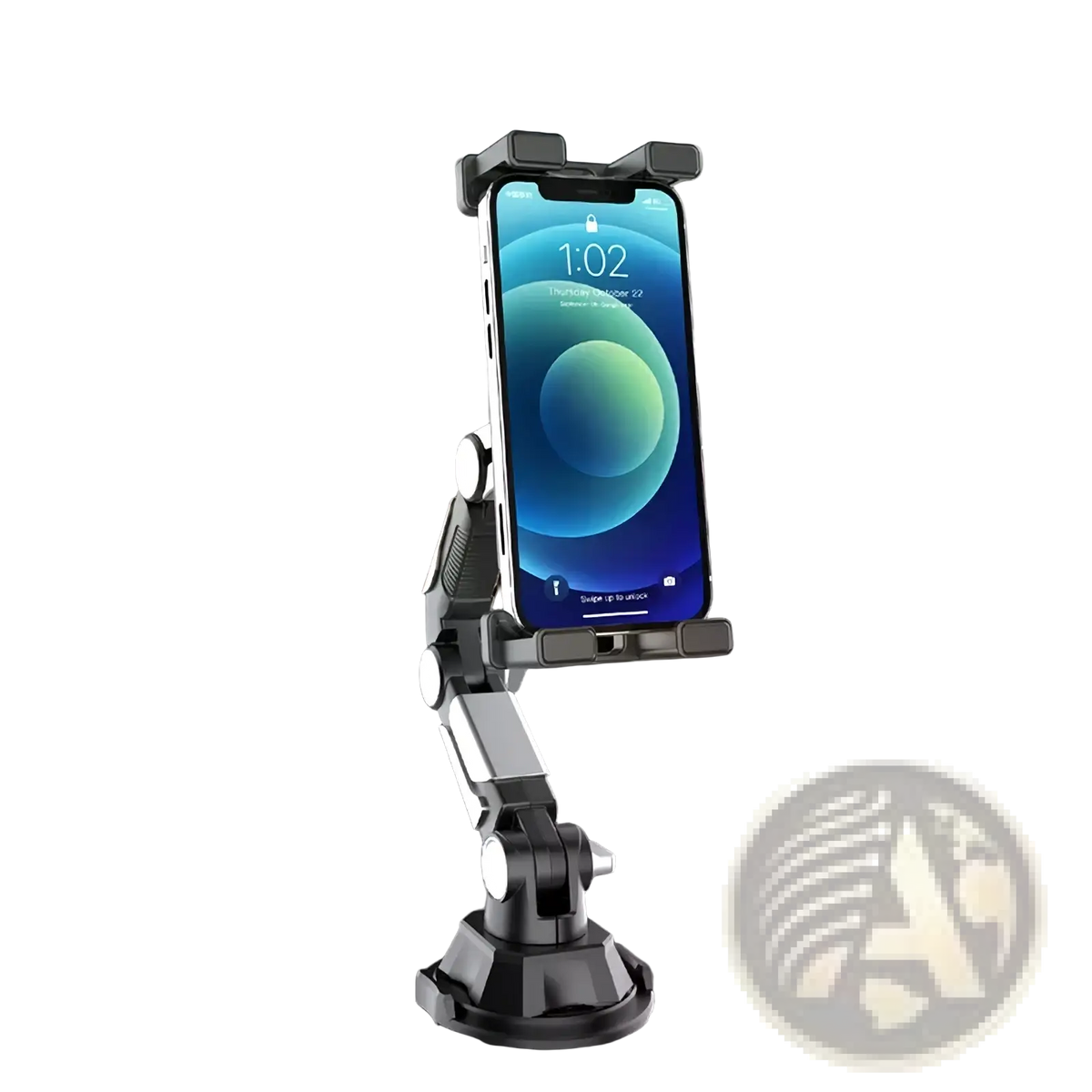 Black and silver adjustable universal cup holder car phone mount holding a smartphone securely in place