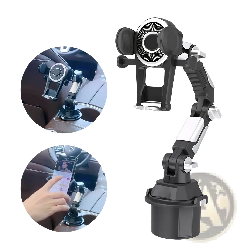 Black and silver adjustable universal car phone holder with cup base for secure in-car device mounting