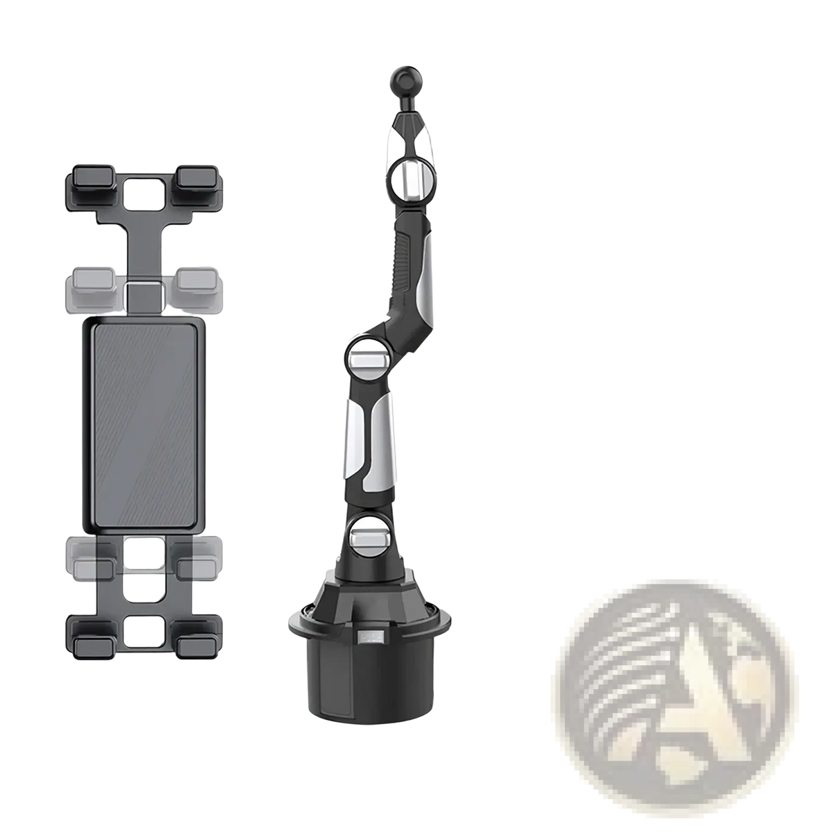 Black and silver three-in-one cup holder car phone mount with adjustable arm and universal stand base