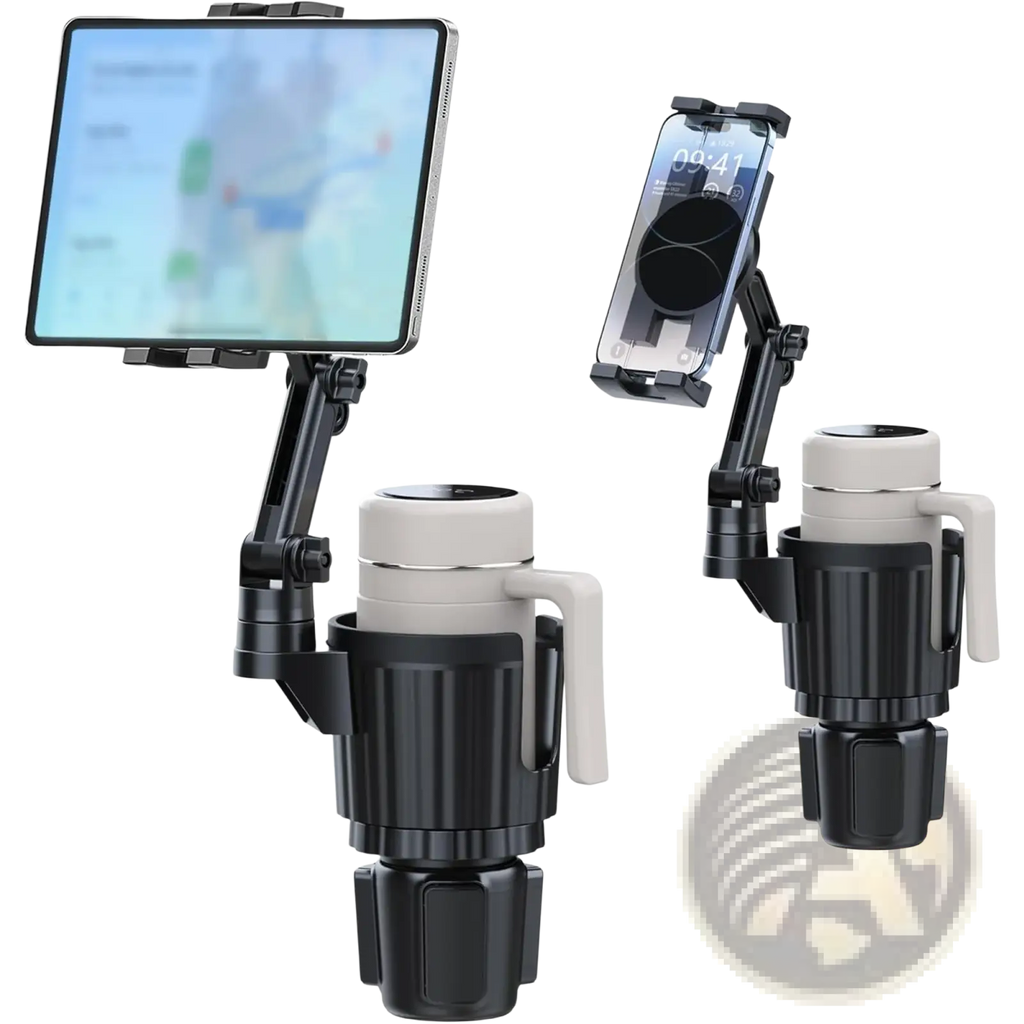 Black and gray adjustable car mount with multi-device holder for tablets smartphones and travel mugs in cup holder