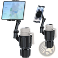 Black and gray adjustable car mount with multi-device holder for tablets smartphones and travel mugs in cup holder