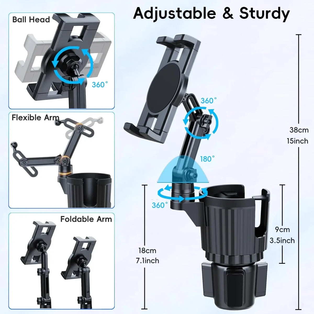 Black adjustable car phone holder with ball head flexible arm and foldable design for cup holder mounting