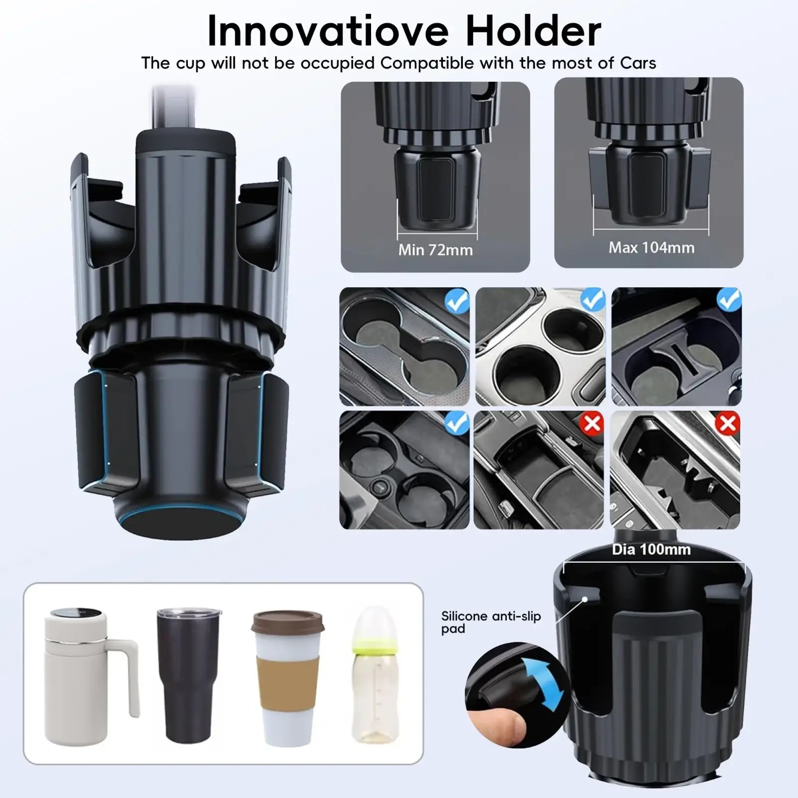 Black plastic cup holder tablet mount with adjustable arm and silicone anti slip pad for secure car use