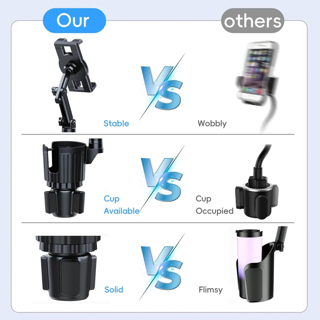 Black plastic cup holder tablet mount for car with adjustable arm for secure device placement in vehicles
