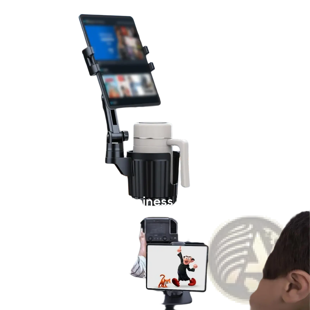 Black and white adjustable arm cup holder tablet mount securely holding a tablet on a car front dashboard