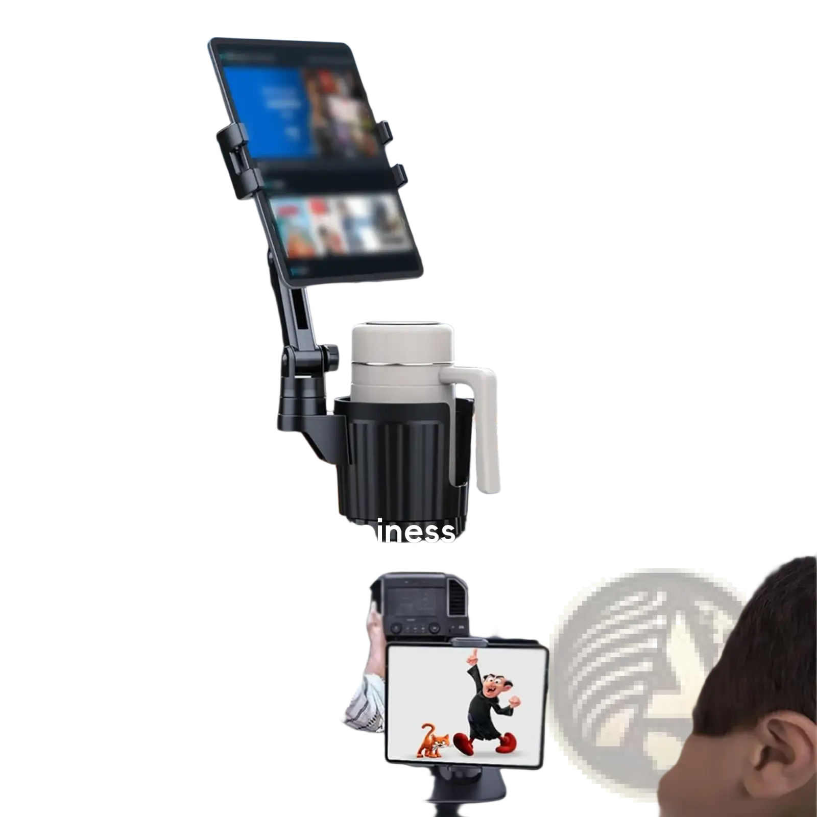 Black and white adjustable arm cup holder tablet mount securely holding a tablet on a car front dashboard