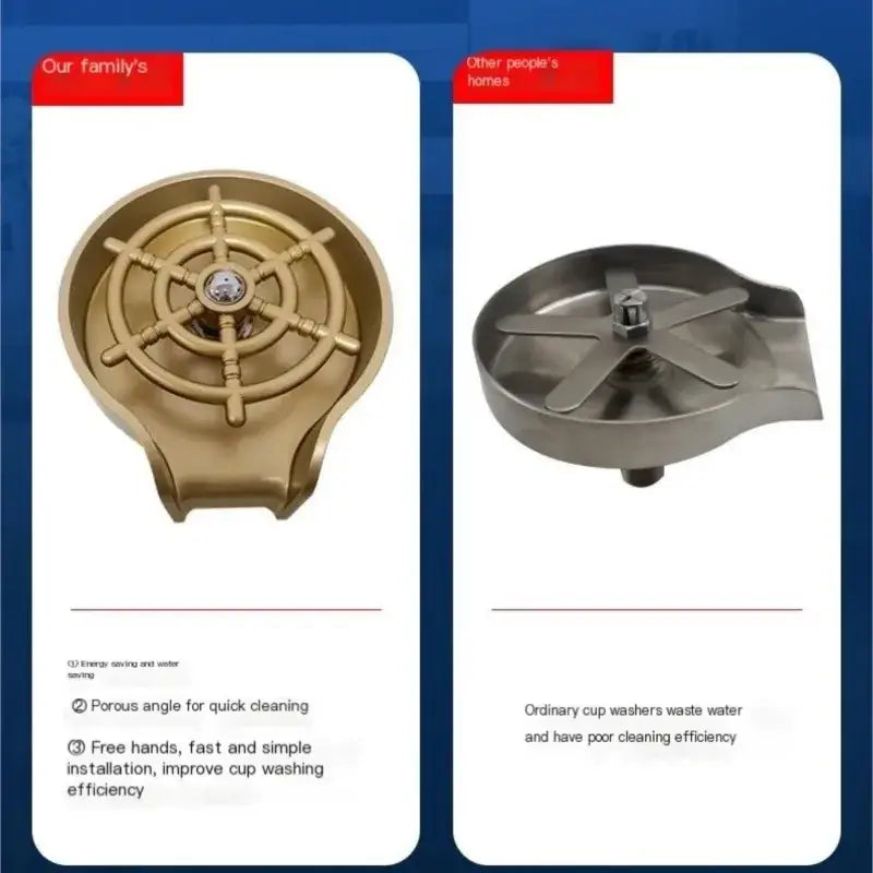 Gold-colored high pressure automatic cup washer with ship wheel design and central spout for efficient water flow