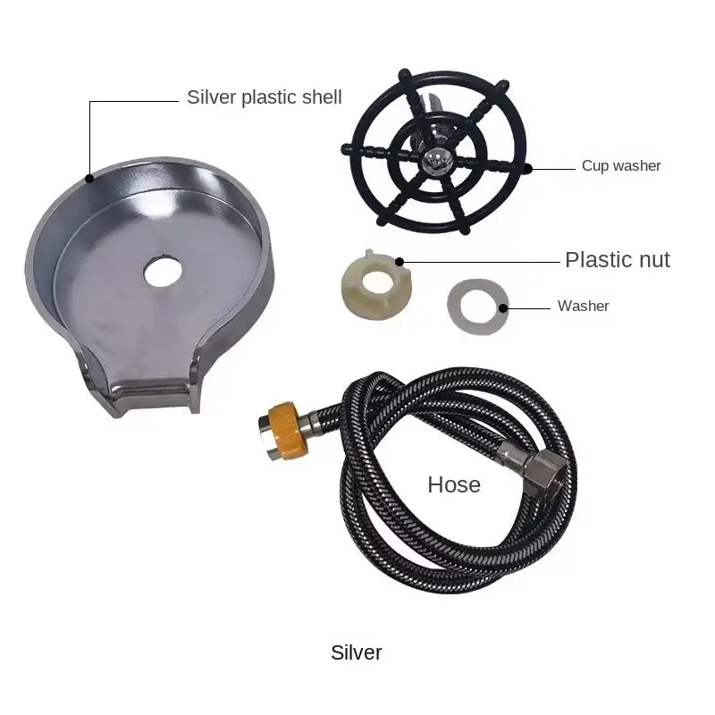 Silver plastic shell with sleek curved design and central hole for high pressure automatic cup washer use