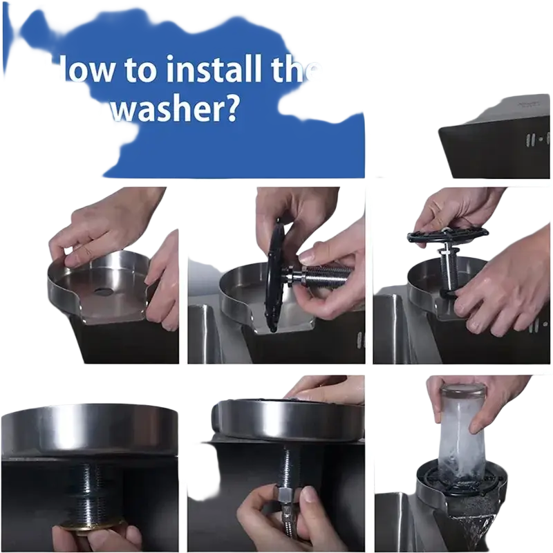 Stainless steel cup washer with black handle and threaded connection for high pressure automatic under-sink use