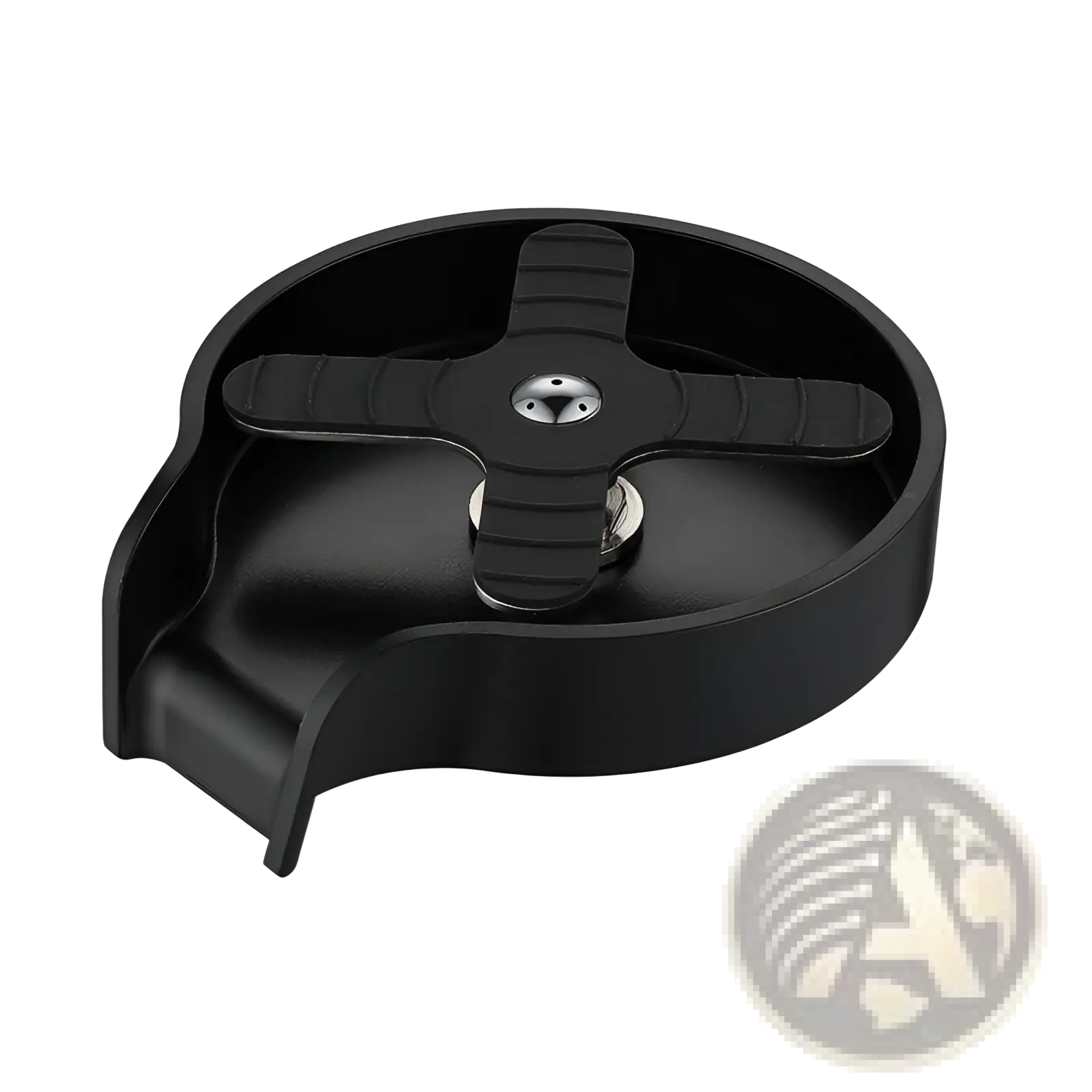 Black plastic cup washer for kitchen sink with cross-shaped handle and metallic center automatic glass rinser