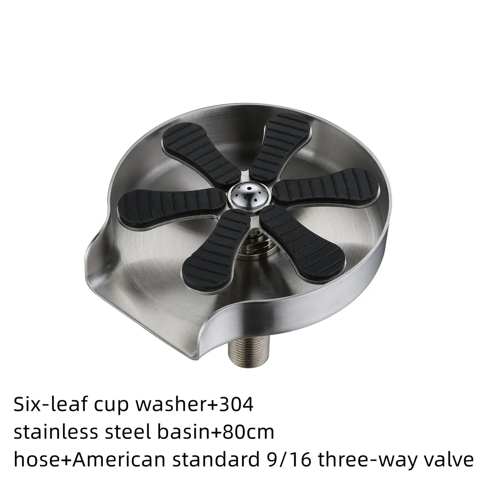 Cup washer for kitchen sink with stainless steel six-leaf design, black rubberized blades, and central valve for automatic glass rinsing