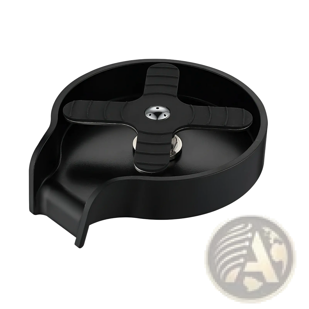 Black plastic cup washer for kitchen sink automatic glass rinser with cross-shaped handle and metallic center