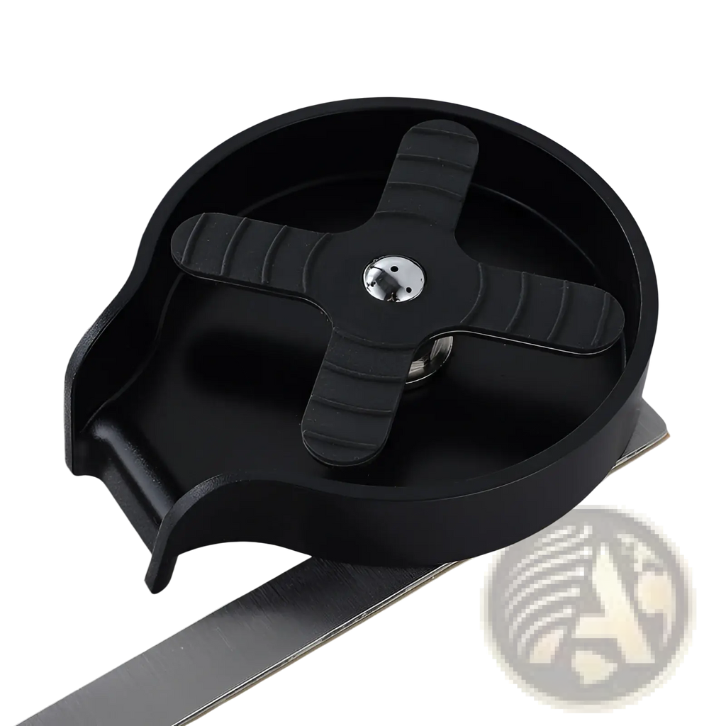Black plastic cup washer sink drain catcher with central metallic bolt and textured cross-shaped grip for glass rinser